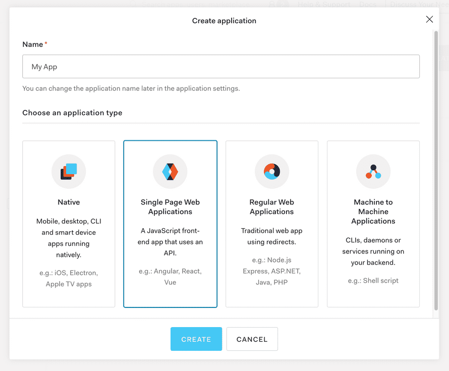 Auth0 Create application UI